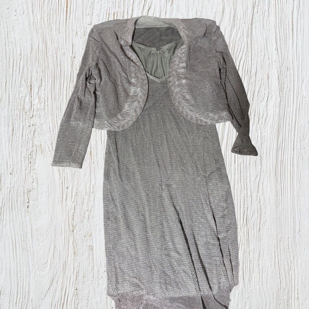 Vintage Damianou Silver Metallic Knit Dress and Bolero Jacket Set - Women’s XL